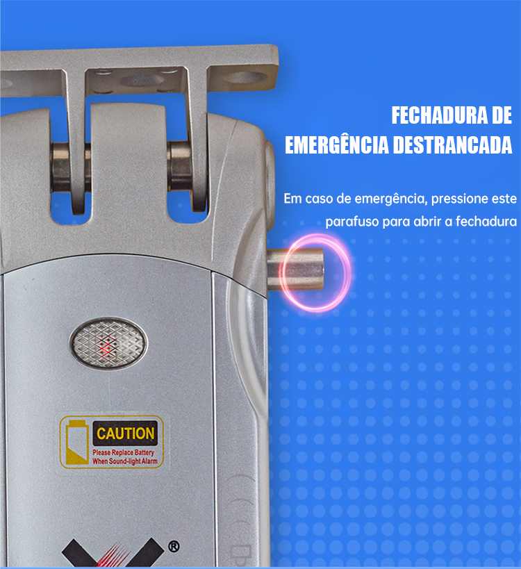 Alavanca de desbloqueio de emergência e lembrete de substituição de bateria