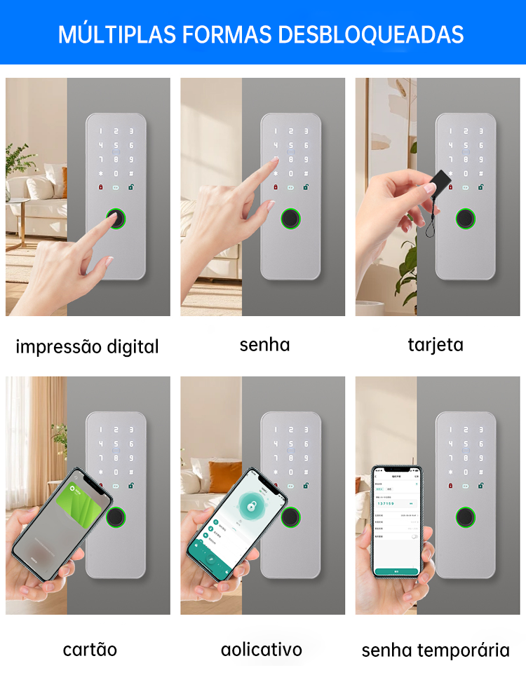 Exibição dos vários métodos de desbloqueio da fechadura inteligente