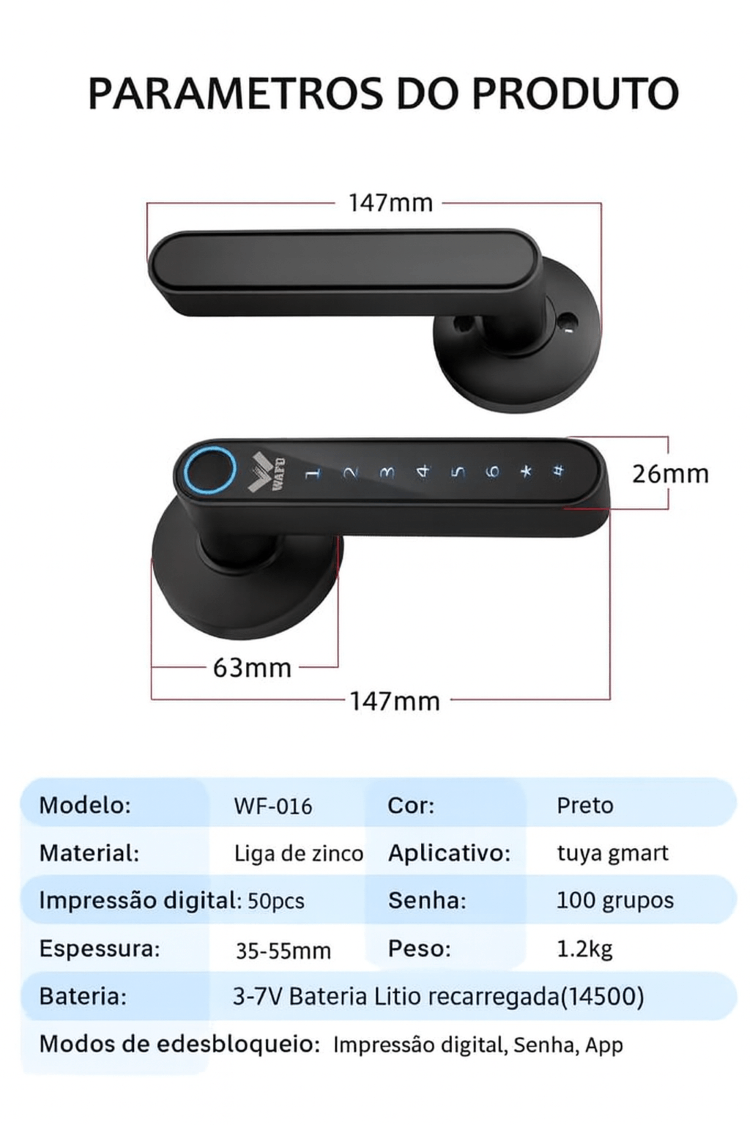 Visão geral das dimensões e parâmetros de instalação da WF-016