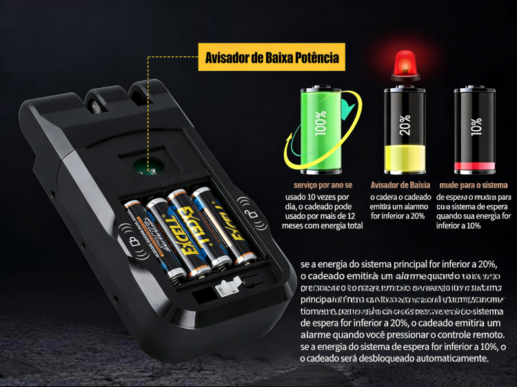 WF-026 alarme de bateria fraca a 20% e comutação de reserva a 10%