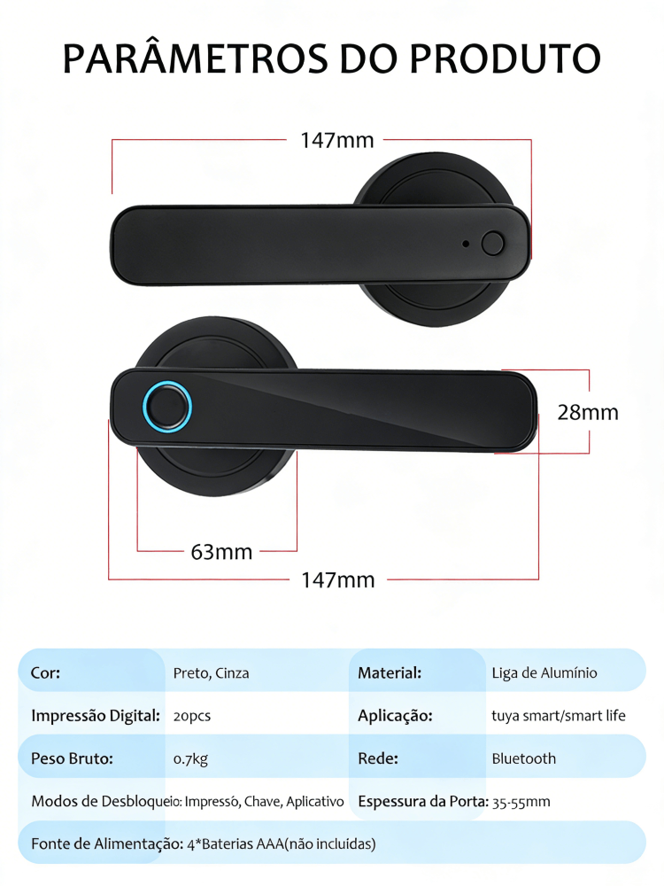 WF-F3 visão geral dos parâmetros da fechadura Bluetooth com impressão digital