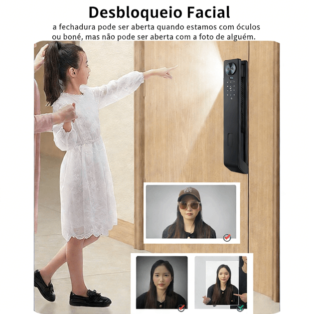 WF-MY6 desbloqueio facial anti‑foto, reconhece óculos e chapéu