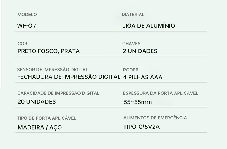 WF-Q7 resumo dos parâmetros: capacidade para 300 utilizadores, portas de 35–55 mm