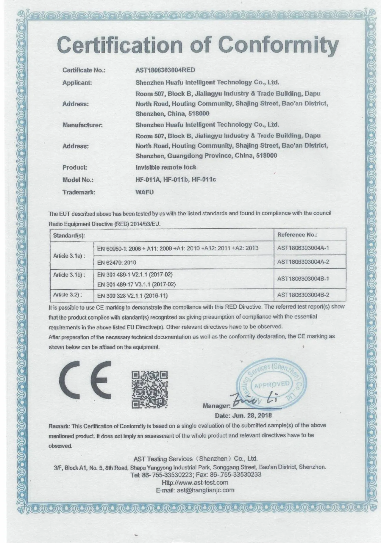Certificado CE WAFU Smart Lock