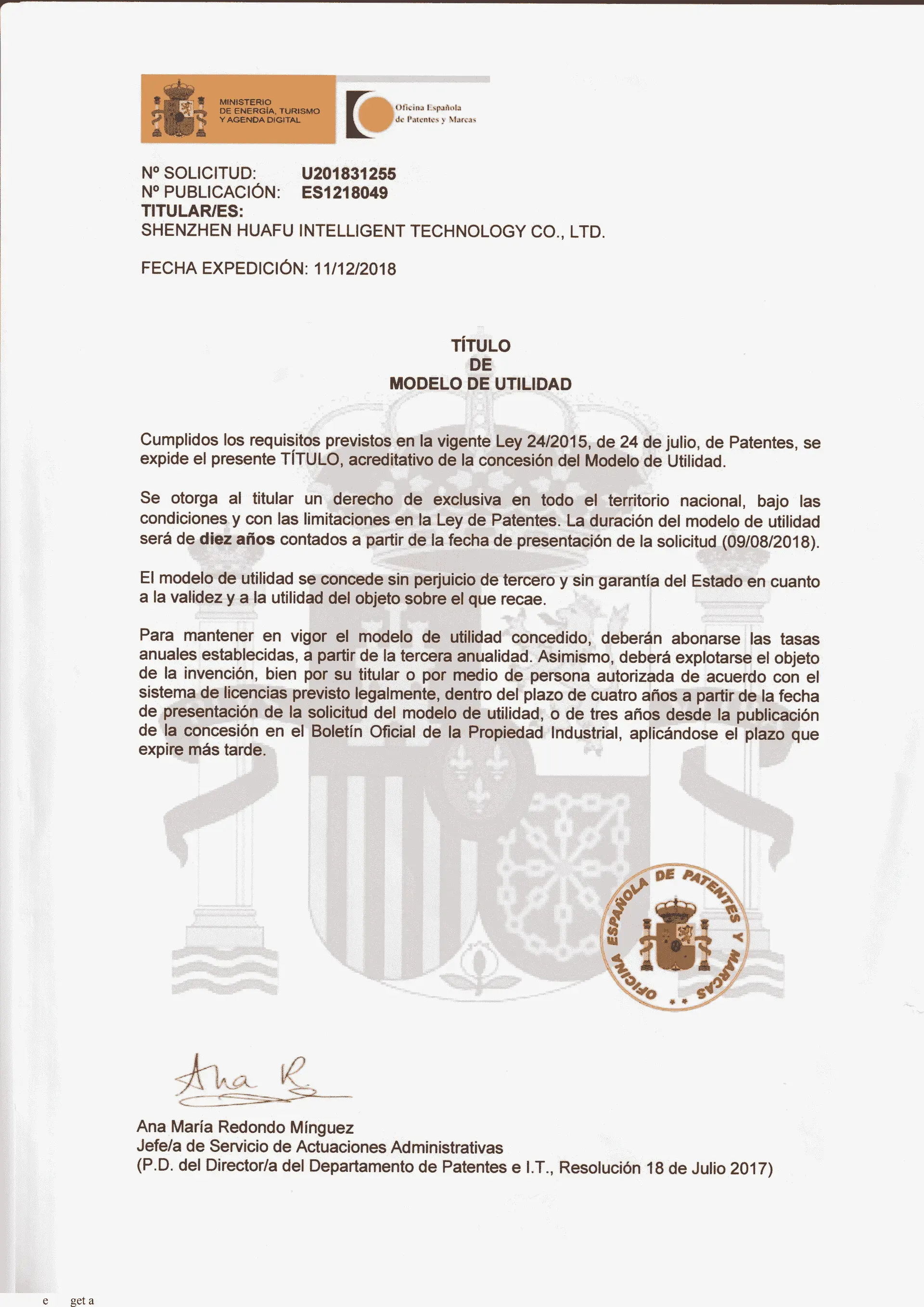 Certificados de patentes WAFU Smart Lock Alemanha Europa China