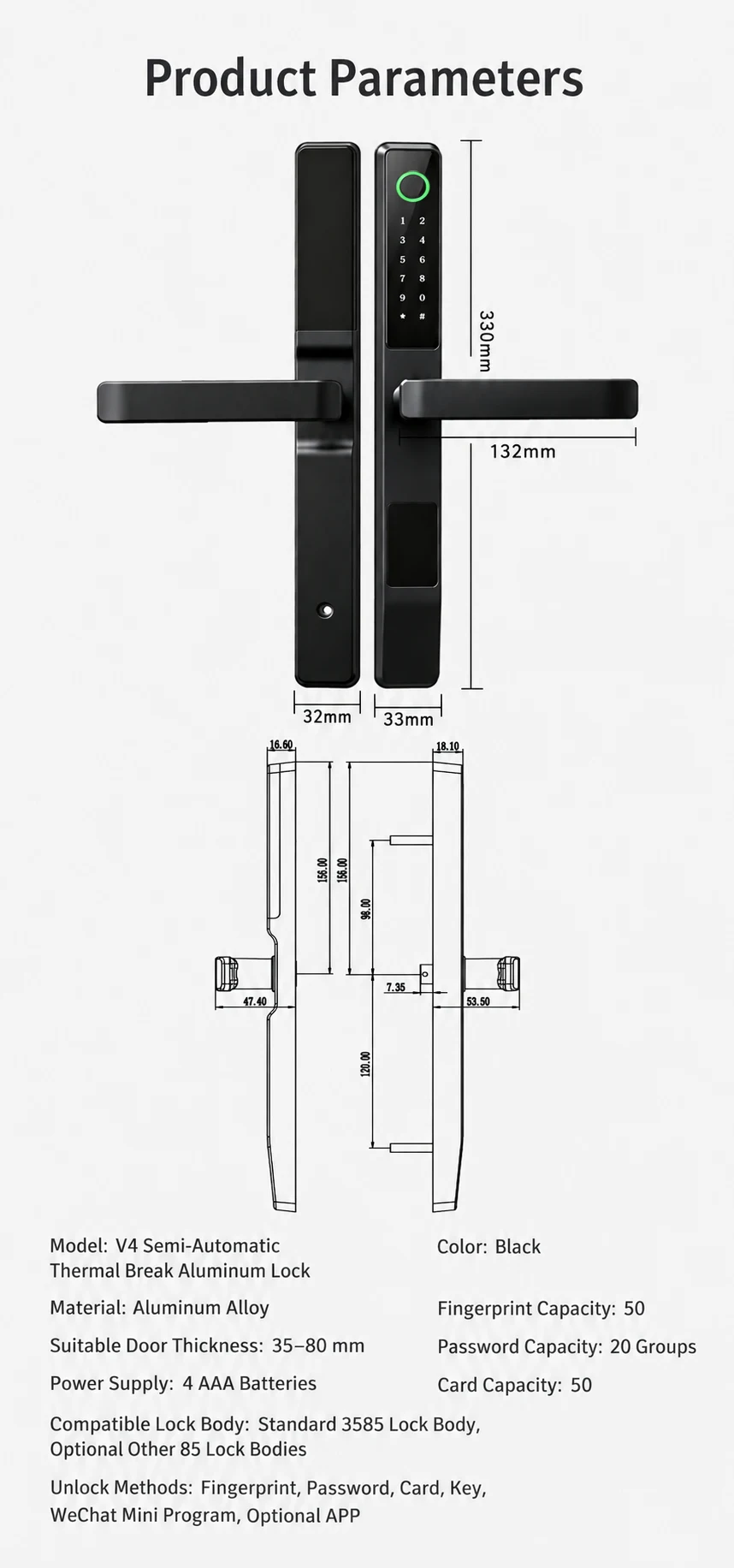 Fechadura inteligente WF-V4 com manípulo para portas de alumínio com corte térmico detail image 9