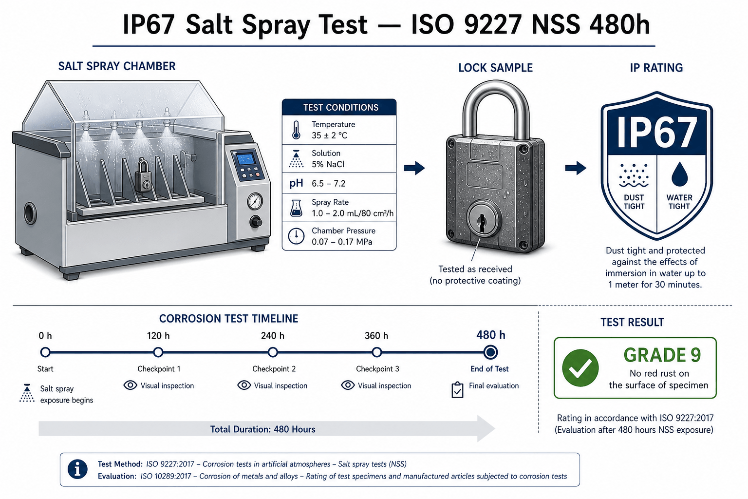 Cenário de teste de névoa salina IP67 — classificação industrial ISO 9227 NSS 480 horas