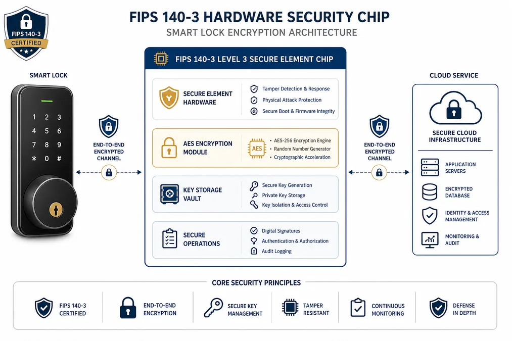 Arquitetura de segurança FIPS 140-2 com chip SE e encriptação de chaves para fechaduras hoteleiras