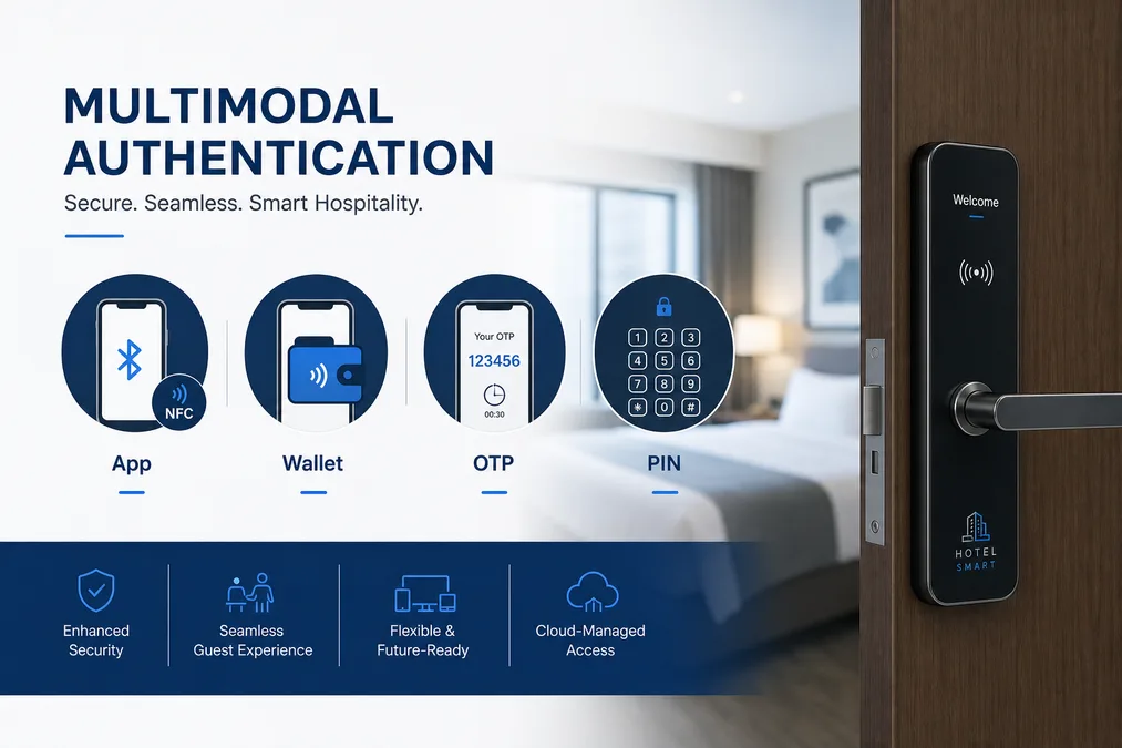 Autenticação multimodal em hotel: app móvel, NFC, password dinâmica e cartão encriptado