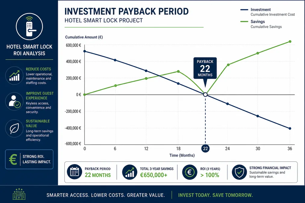 Gráfico ROI com payback de cerca de 22 meses para um hotel de 100 quartos