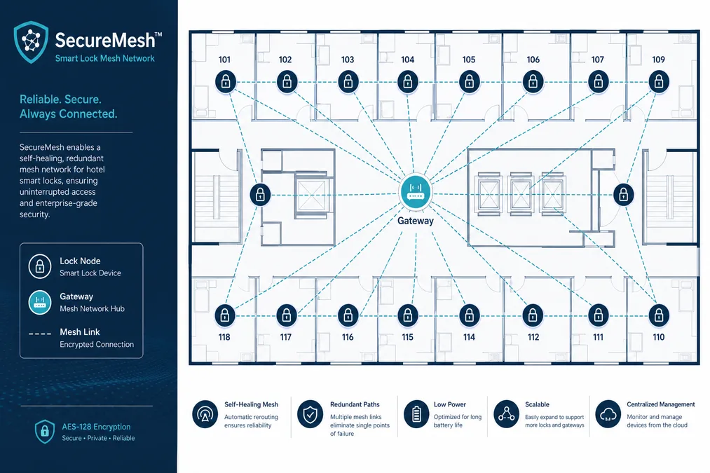 Topologia de rede SecureMesh com nós de fechadura auto-organizantes em ambiente hoteleiro
