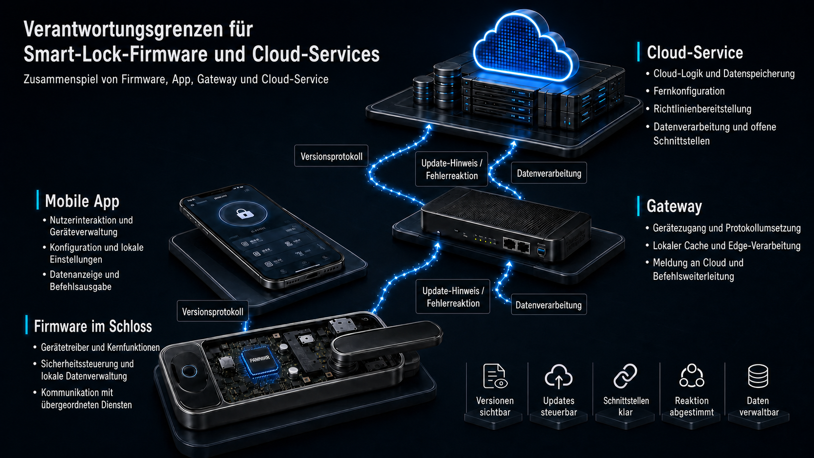 Limites de responsabilidade para firmware, app, gateway e serviço cloud