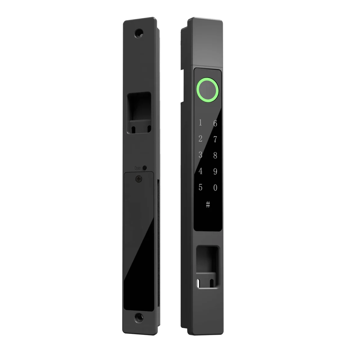 Fechadura inteligente WAFU WF-N1 para porta de correr, vistas frontal e traseira